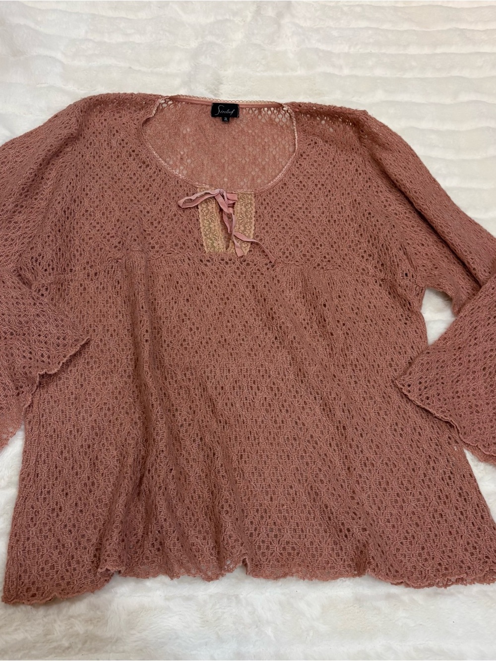 Vintage Rose Knit Lace Tunic with Ribbon Tie